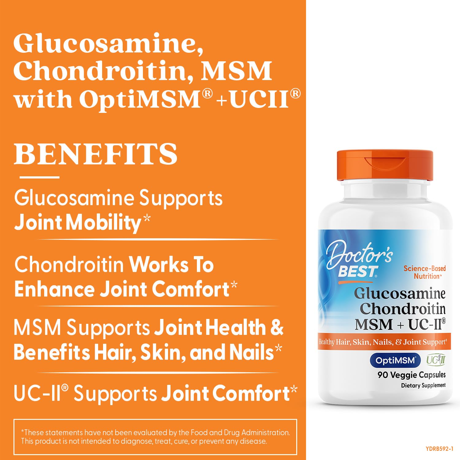 Doctor's Best Glucosamine Chondroitin MSM + UC-II - Joint Health Support Supplement for Women & Men, Nutritional Support for Joint Strength, Hair, Skin, & Nails, Gluten Free, Non GMO - 90 Veg Capsules
