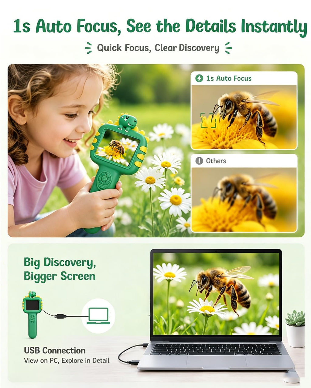 Trigowalt Outdoor Portable Kids Microscope: Handheld Microscope Auto Focus