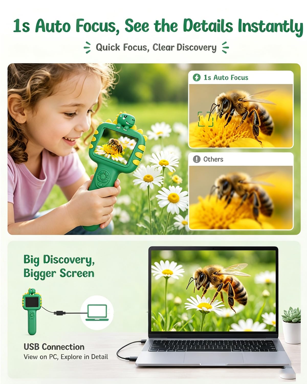 Trigowalt Outdoor Portable Kids Microscope: Handheld Microscope Auto Focus