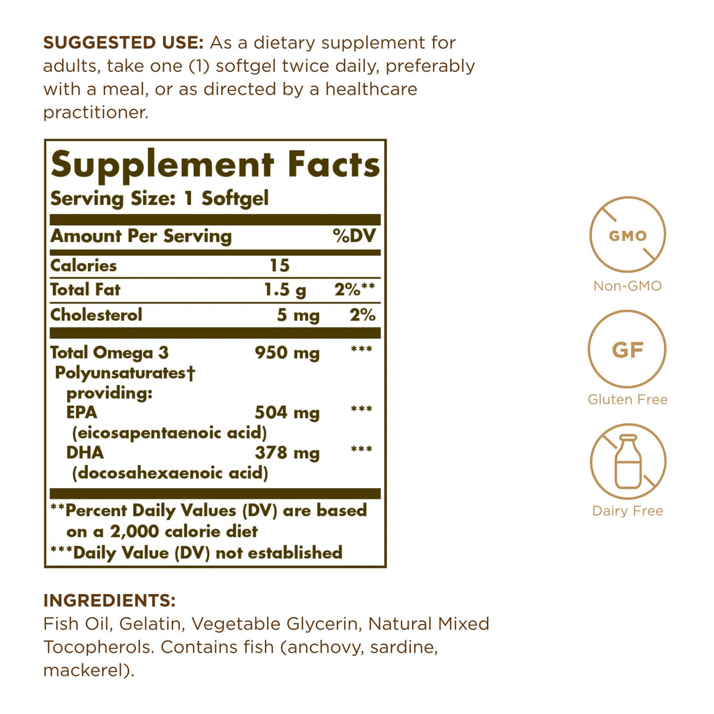 Solgar Triple Strength Omega 3 950 mg - 100 Softgels, Pack of 2 - Supports Joint & Skin Health - Non-GMO, Gluten Free, Dairy Free - 200 Total Servings