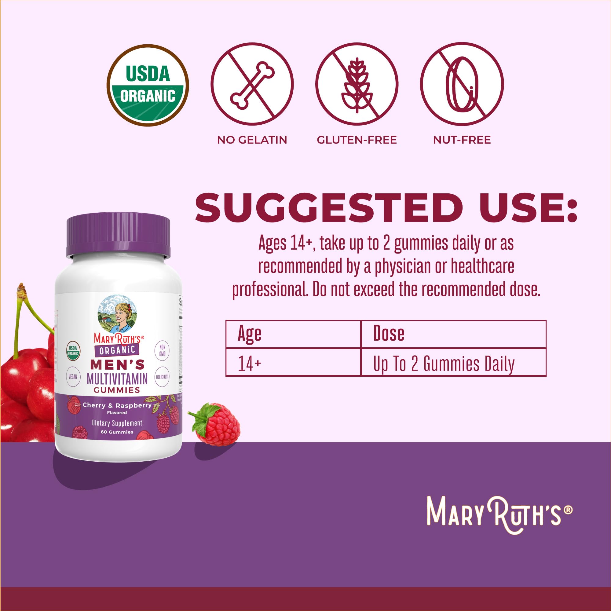 MARYRUTH'S Organic Men's Multivitamin Gummies, Vegan, Non-GMO, 60 Count