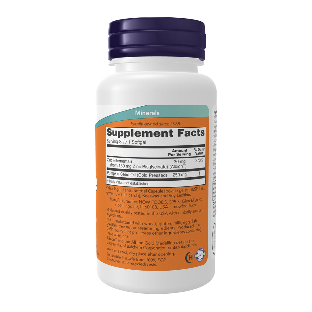 NOW Foods Supplements, Zinc Glycinate with 250 mg Pumpkin Seed Oil, 120 Softgels (Packaging May Vary)