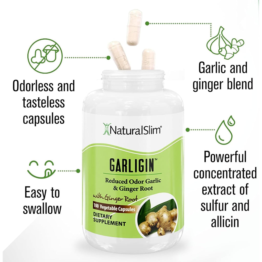 NaturalSlim Garligin Odorless Garlic Supplement with Ginger for Immune Support, Metabolism Booster, Supports Natural Body Balance & Improves Digestion - 100 Capsules