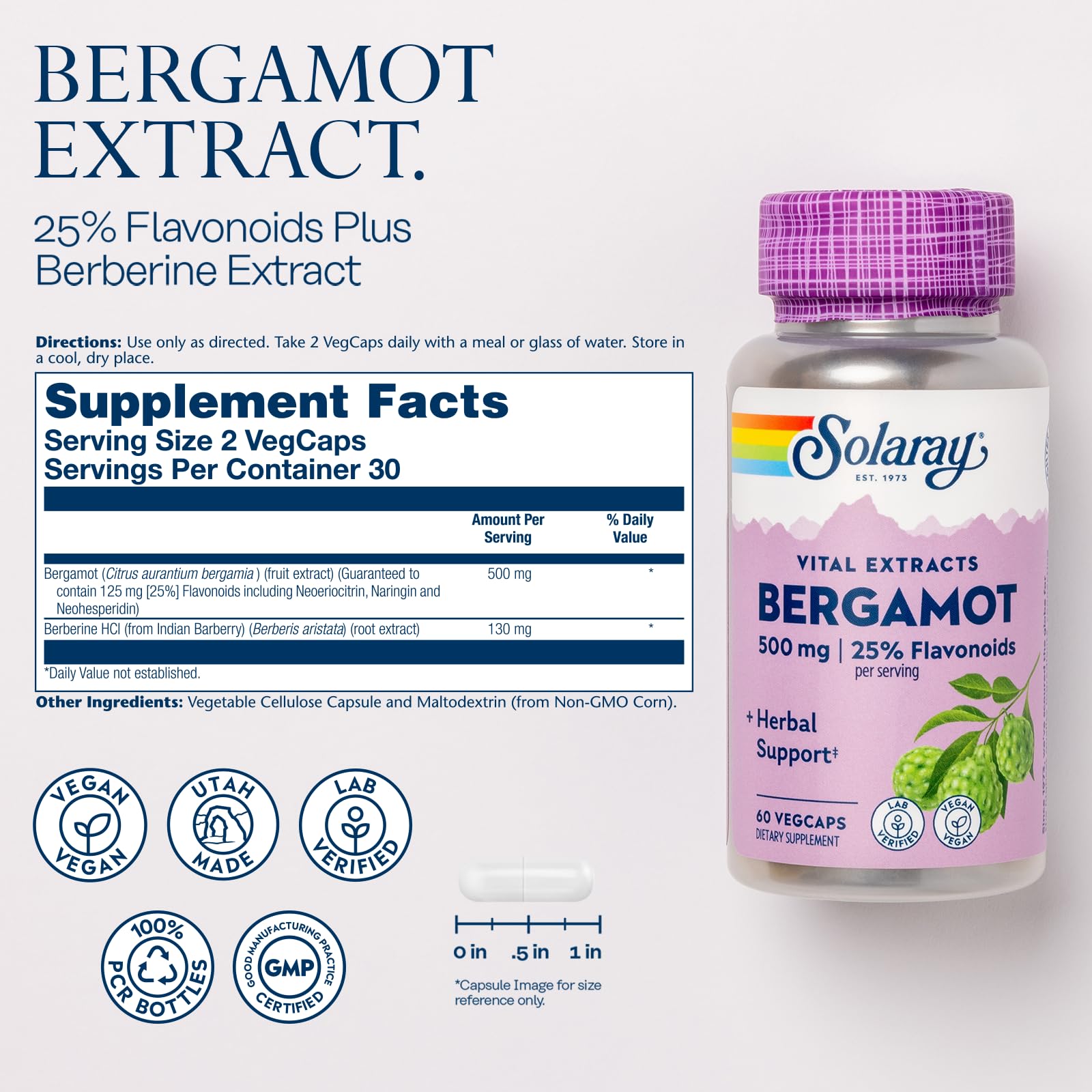 SOLARAY Bergamot 500 mg with Berberine HCl, 60 VegCaps