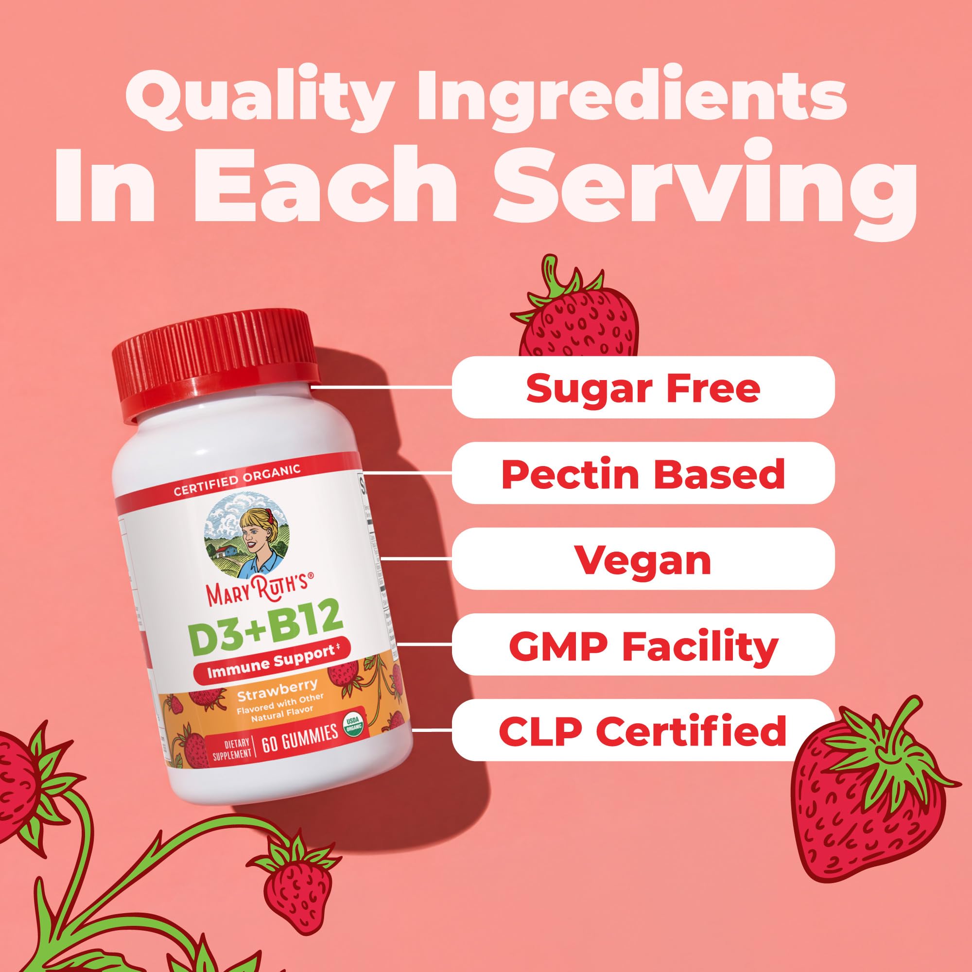 MARYRUTH'S Organic Vitamin D3 + B12 Gummies for Ages 4+, 60 Servings, Vegan