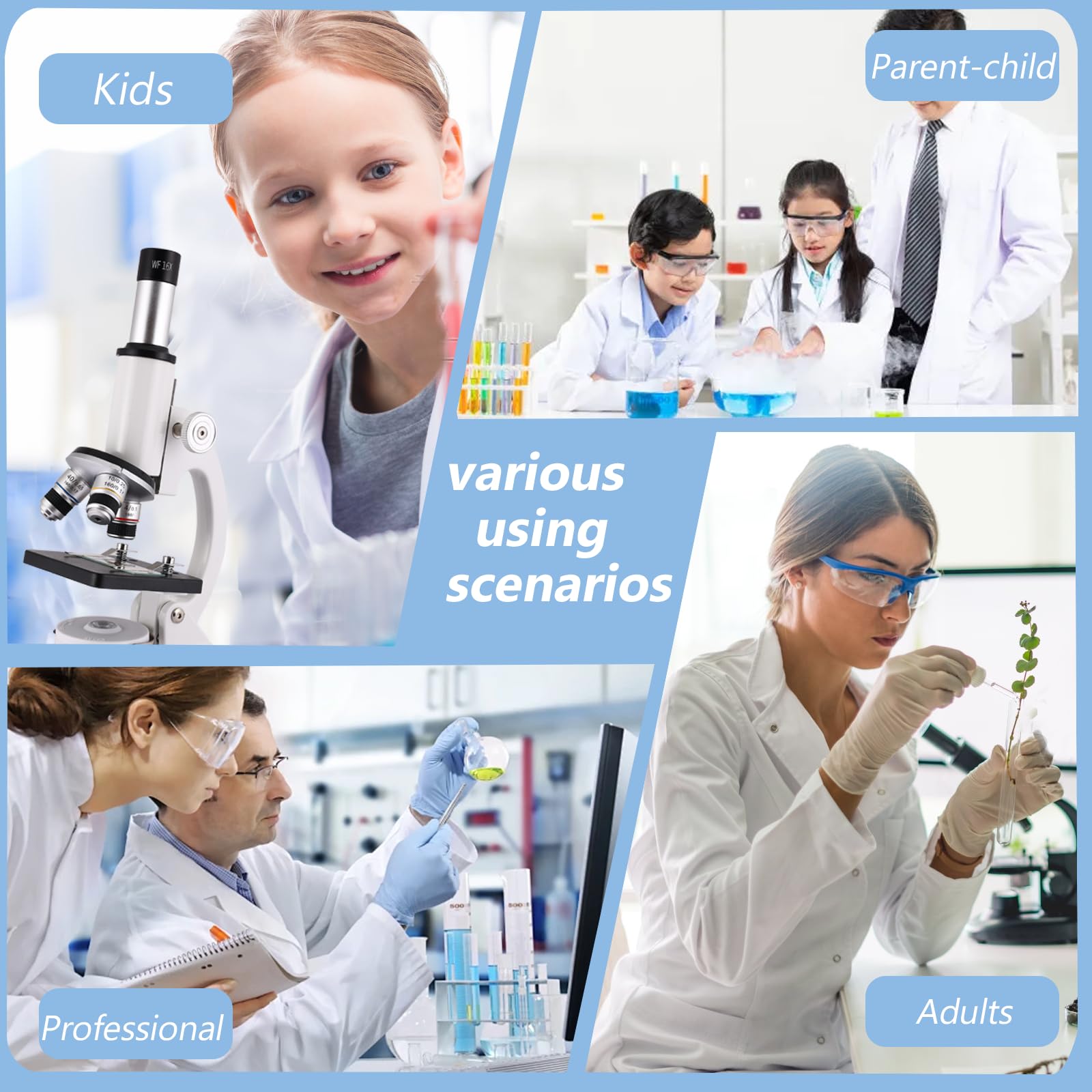 Microscope for Adults & Kids, 40X-2500X High-Power Compound Microscope for Students, School Lab & Home Schooling,Equiped with Slides Set & Phone Holder (Light White)