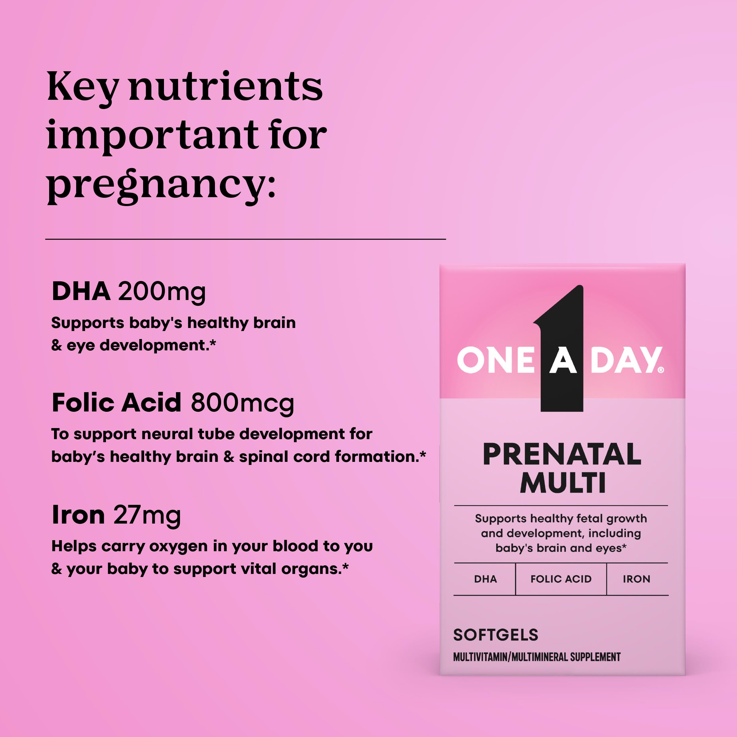 One A Day Prenatal Vitamins- Folic Acid, Iron, Omega- 3 (DHA), Pregnancy Vitamins for Women, Prenatal Multivitamin for Mom and Baby Support, Pregnancy Must Haves 90 Ct (Packaging May Vary)