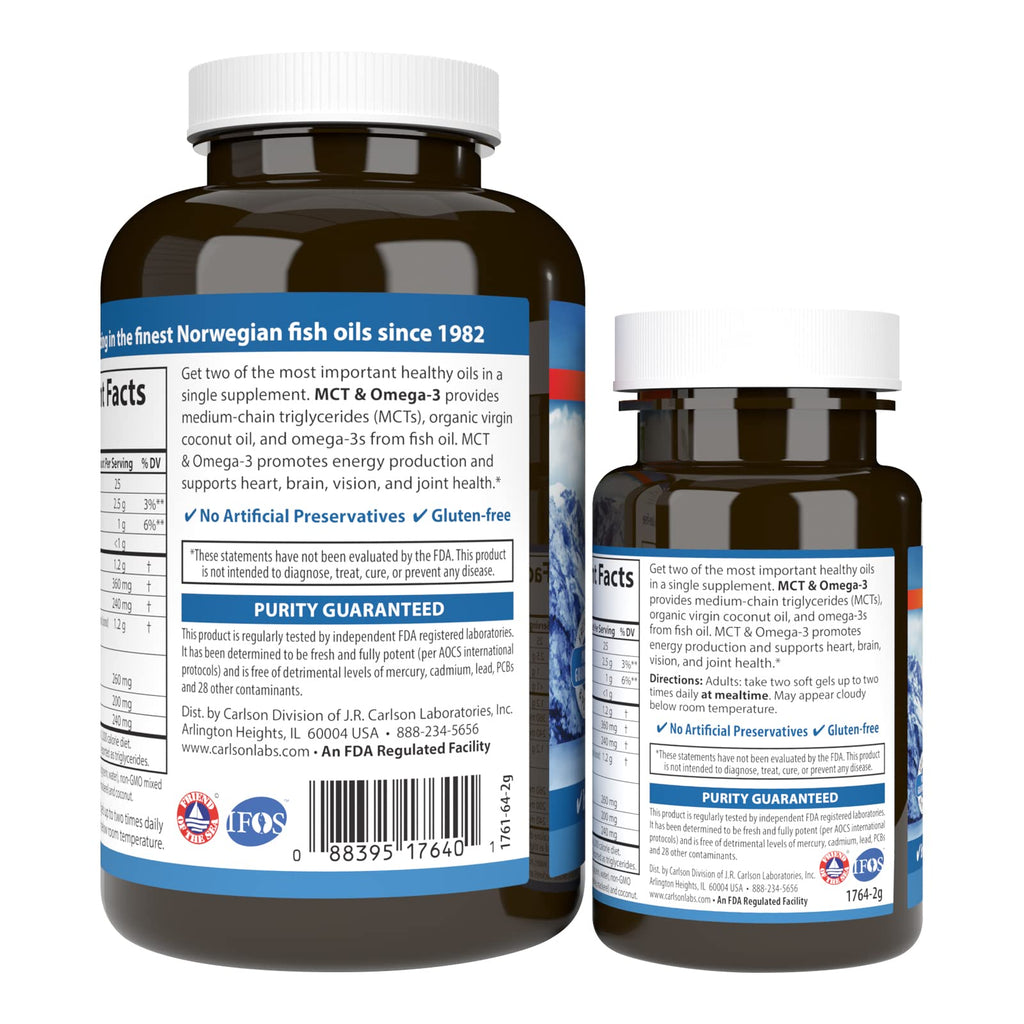 Carlson MCT & Omega-3, Keto-Friendly, Coconut Oil, 120 + 30 Softgels