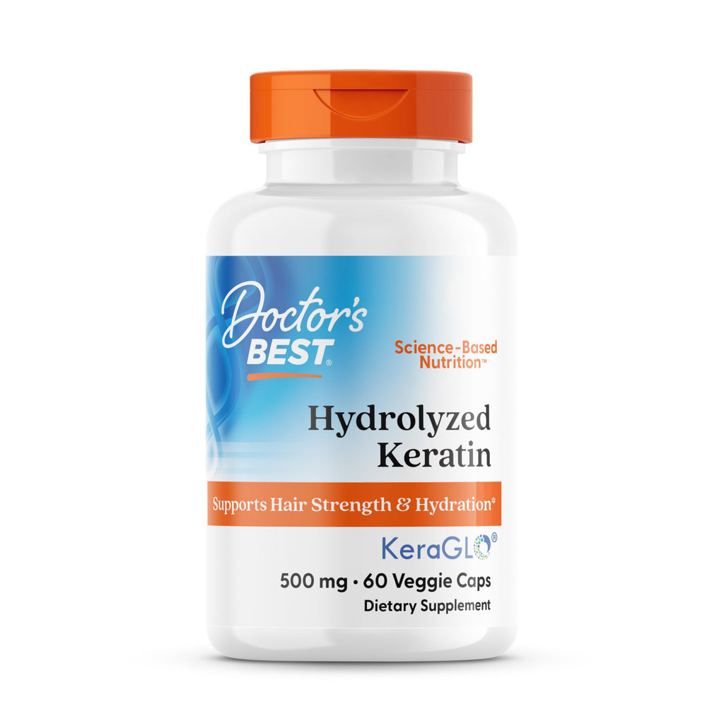 Doctor's Best Hydrolyzed Keratin Supplement for Women & Men - Keratin 500 mg for Hair Health Support, Helps Protect Hair from Heat Treatment, Non GMO & Gluten Free Capsules - 60 Veg Caps