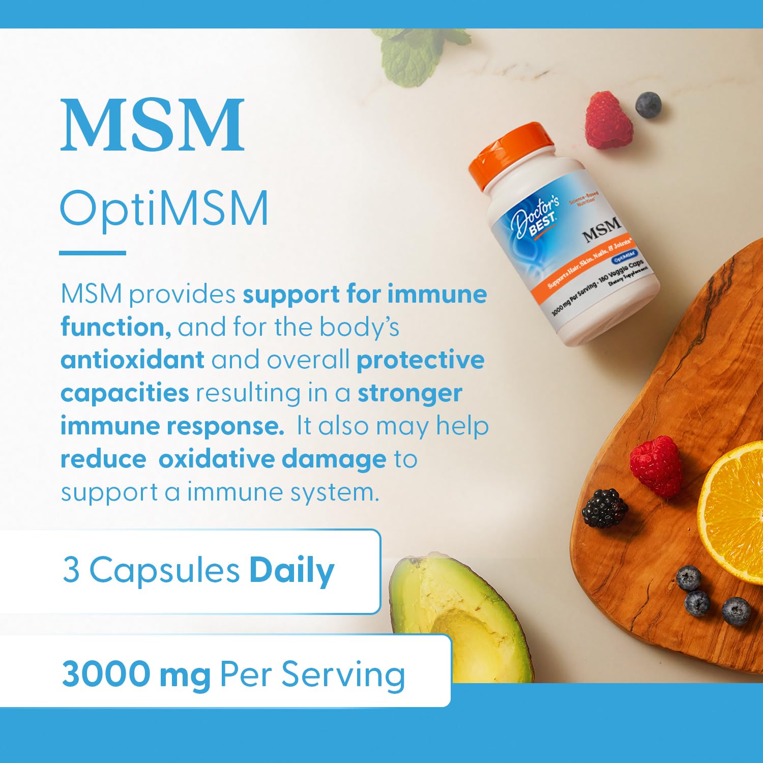 Doctor's Best MSM Supplement Capsules for Men & Women - Supports Hair, Skin, Nails, & Bone Health, Delivers Beneficial Sulfur with OptiMSM, Gluten Free, Non GMO - 180 Caps
