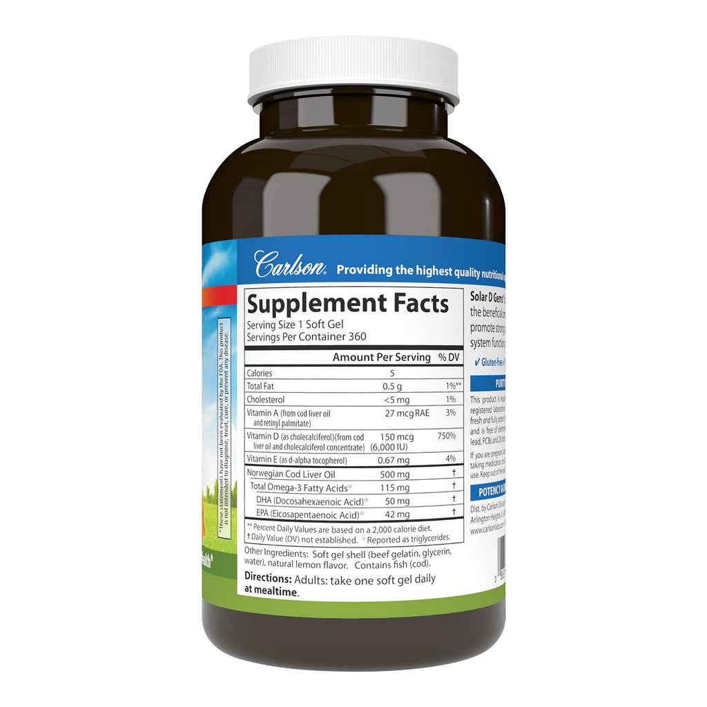 Carlson Solar D Gems, 6000 IU (150 mcg) Vitamin D3, Lemon, 360 Softgels