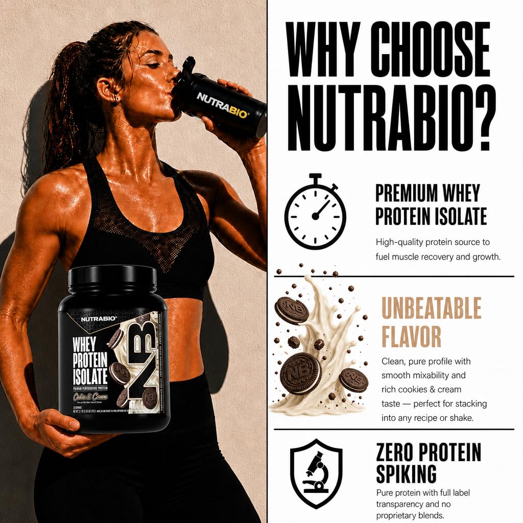 NutraBio 100% Whey Protein Isolate Protein Powder, 25g Protein with Complete Amino Acid Profile, Non-GMO, Soy & Gluten Free, Low Carb, Low Calorie Whey Protein Powder, Cookies & Cream, 20 Servings