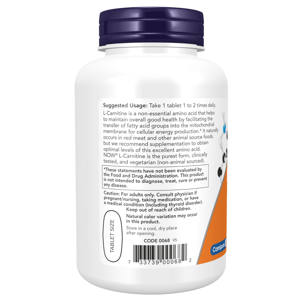 NOW Foods Supplements, L-Carnitine 1,000 mg, Purest Form, Amino Acid, Fitness Support*, 100 Tablets
