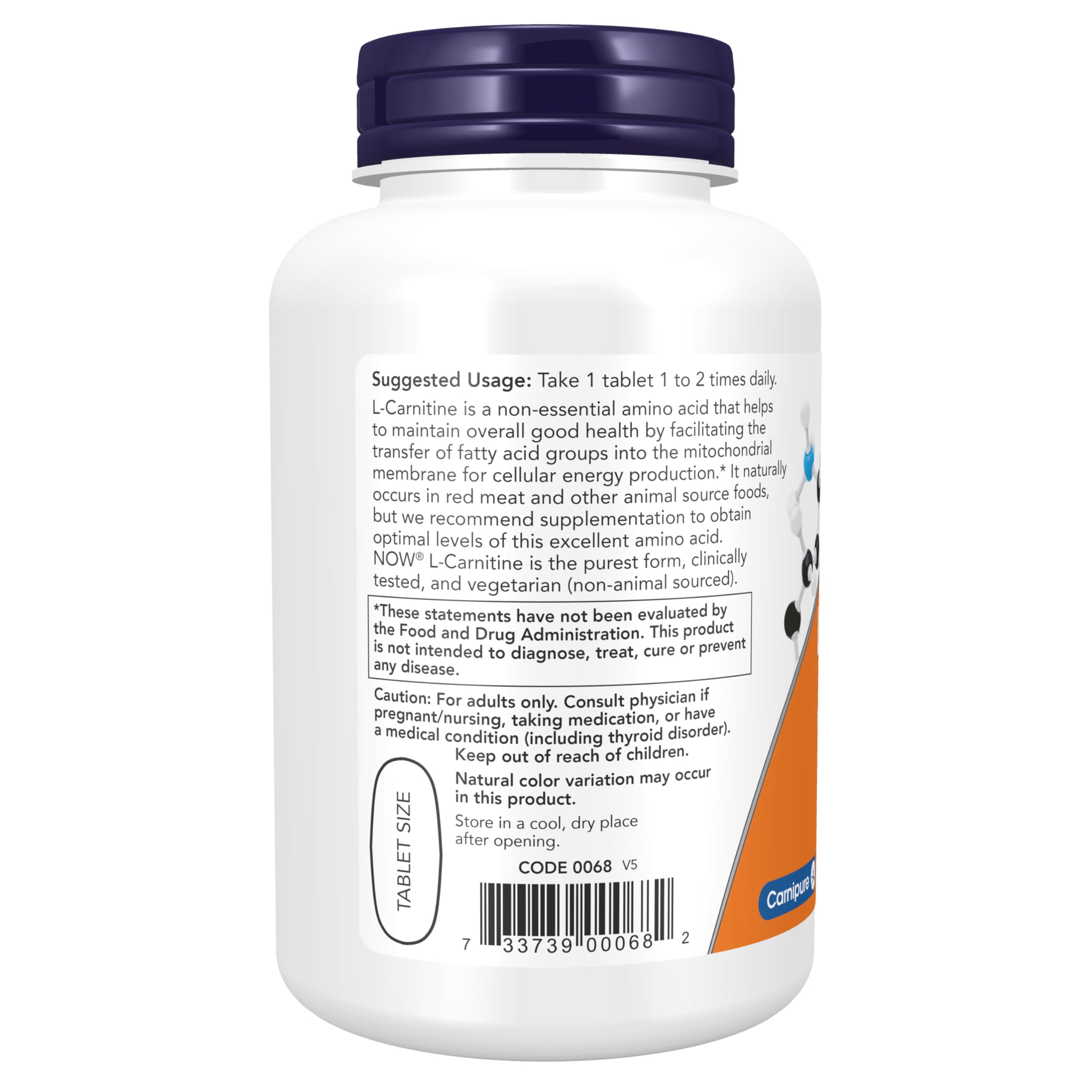 NOW Foods Supplements, L-Carnitine 1,000 mg, Purest Form, Amino Acid, Fitness Support*, 100 Tablets