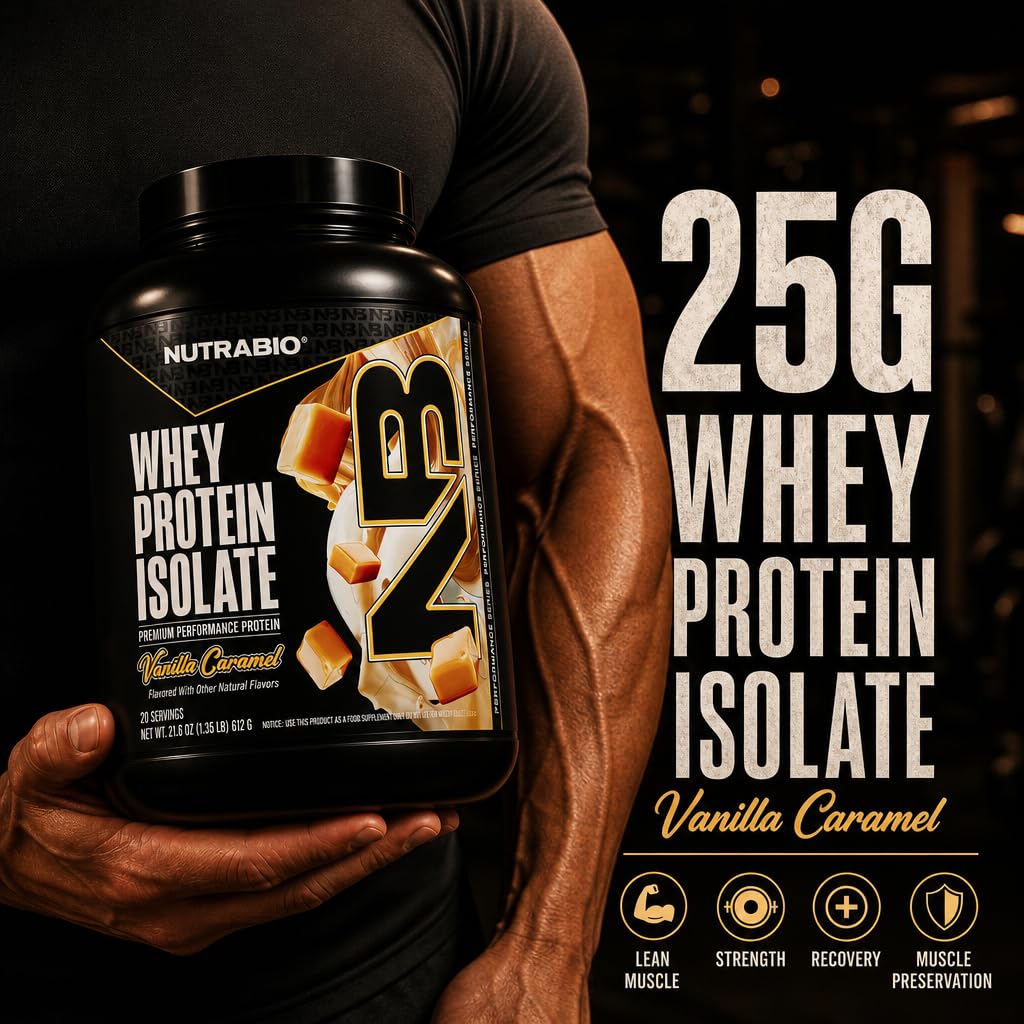 NutraBio 100% Whey Protein Isolate Protein Powder, 25g Protein with Complete Amino Acid Profile, Non-GMO, Soy & Gluten Free, Low Carb, Low Calorie Whey Protein Powder, Vanilla Caramel, 20 Servings