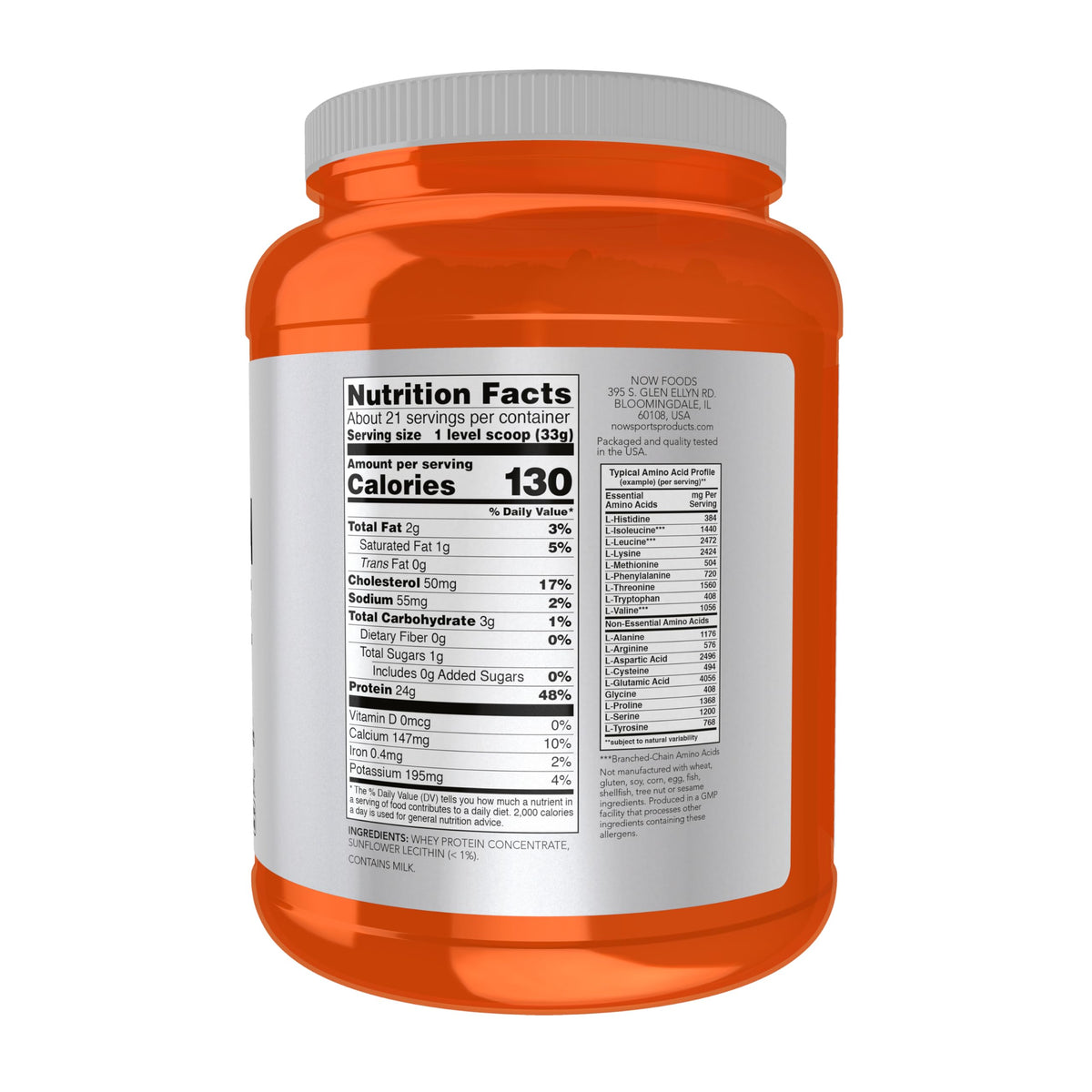 NOW Foods Sports Nutrition, Whey Protein Concentrate, 24 g With BCAAs, Unflavored Powder, 1.5-Pound
