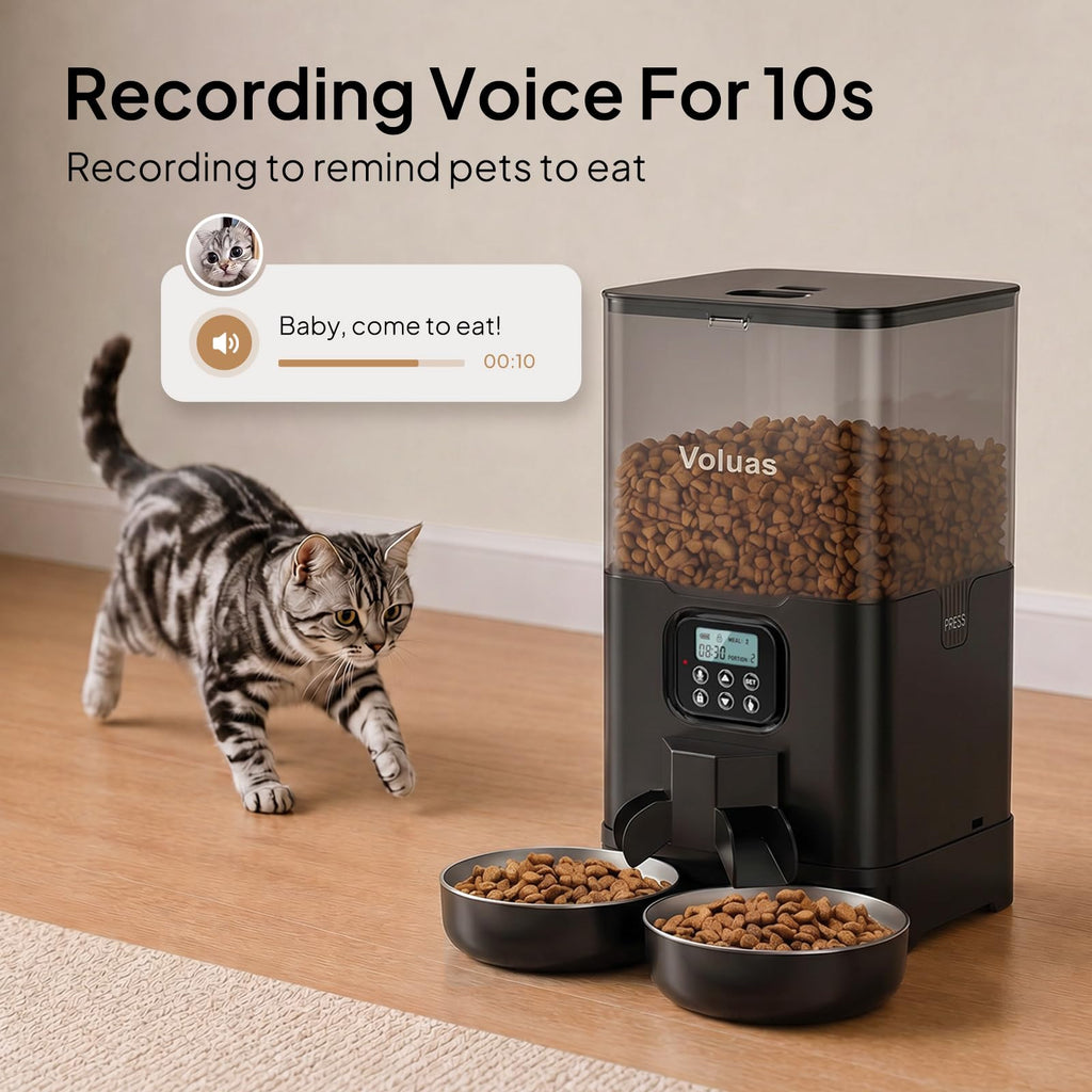VOLUAS Automatic Cat Feeder for Two Cats with Dual Stainless Bowls, 6L
