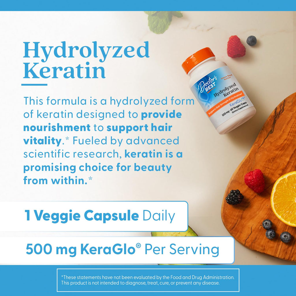 Doctor's Best Hydrolyzed Keratin Supplement for Women & Men - Keratin 500 mg for Hair Health Support, Helps Protect Hair from Heat Treatment, Non GMO & Gluten Free Capsules - 60 Veg Caps