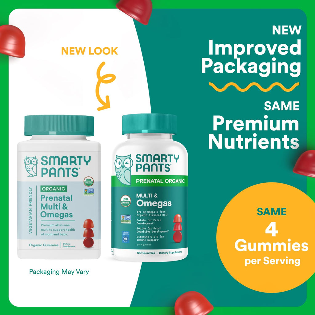 SmartyPants Organic Prenatal Vitamins for Women,Multivitamin Gummies: Biotin,Methylfolate,Omega 3 (ALA),Vitamin D3,C,Vitamin B12,B6,A,K2 & Zinc,Choline,Vegetarian,(30 Day Supply),120 Count(Pack of 2)
