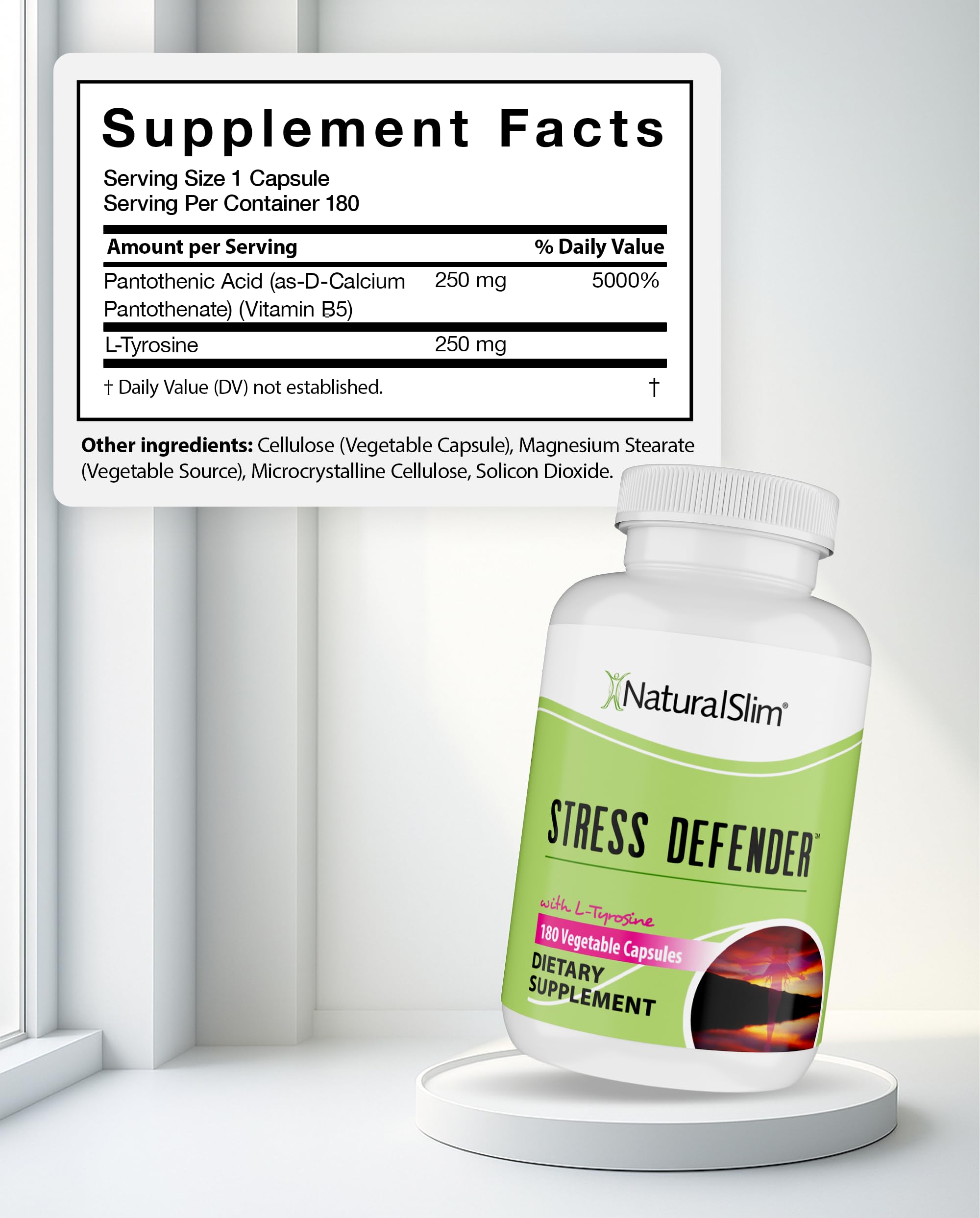 NaturalSlim Stress Defender | Cortisol Reducer & Stress Relief | Cravings, Sleep & Metabolism Support | Vitamin B5 & L-Tyrosine | 180 Vegetable Capsules