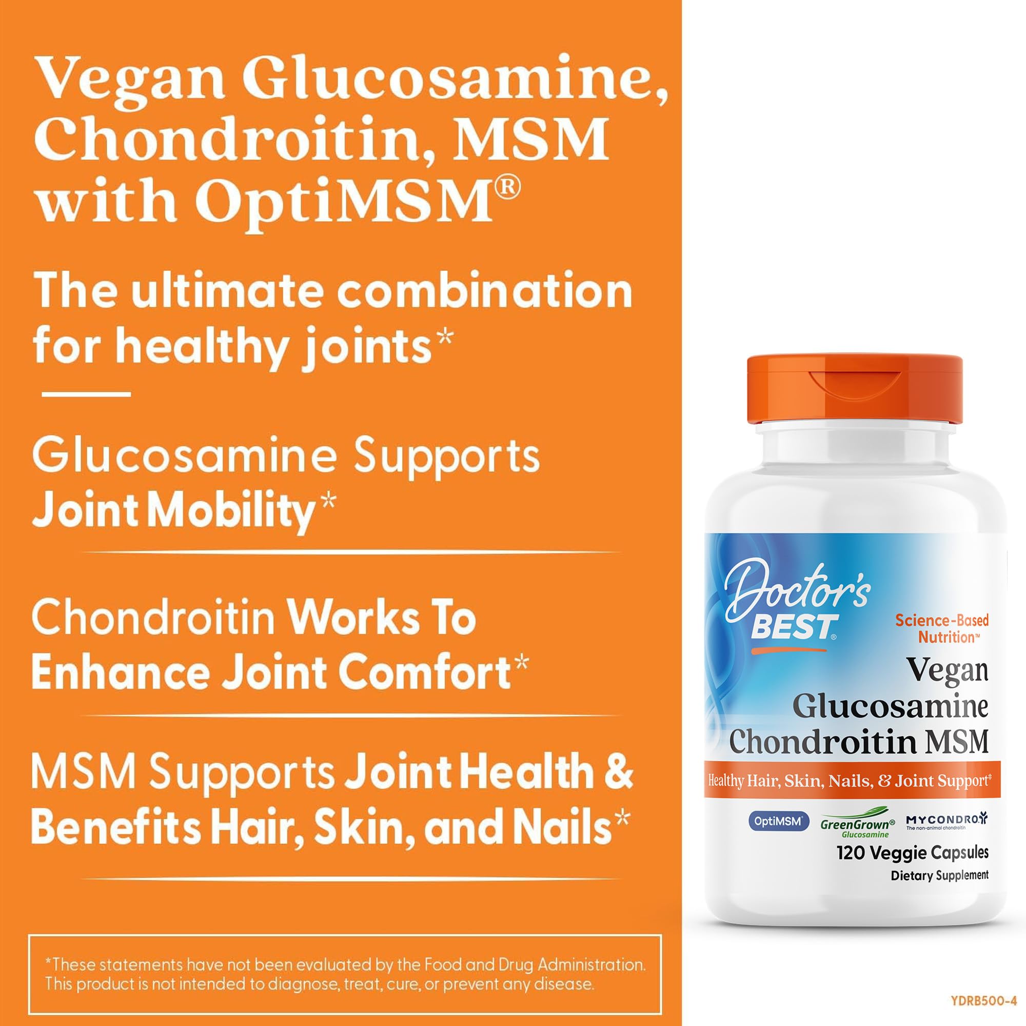 Doctor's Best Vegan Glucosamine Chondroitin MSM - Joint Health Support Supplement for Women & Men, Nutritional Support for Joint Strength, Hair, Skin, & Nails, Gluten Free, Non GMO - 120 Veg Capsules
