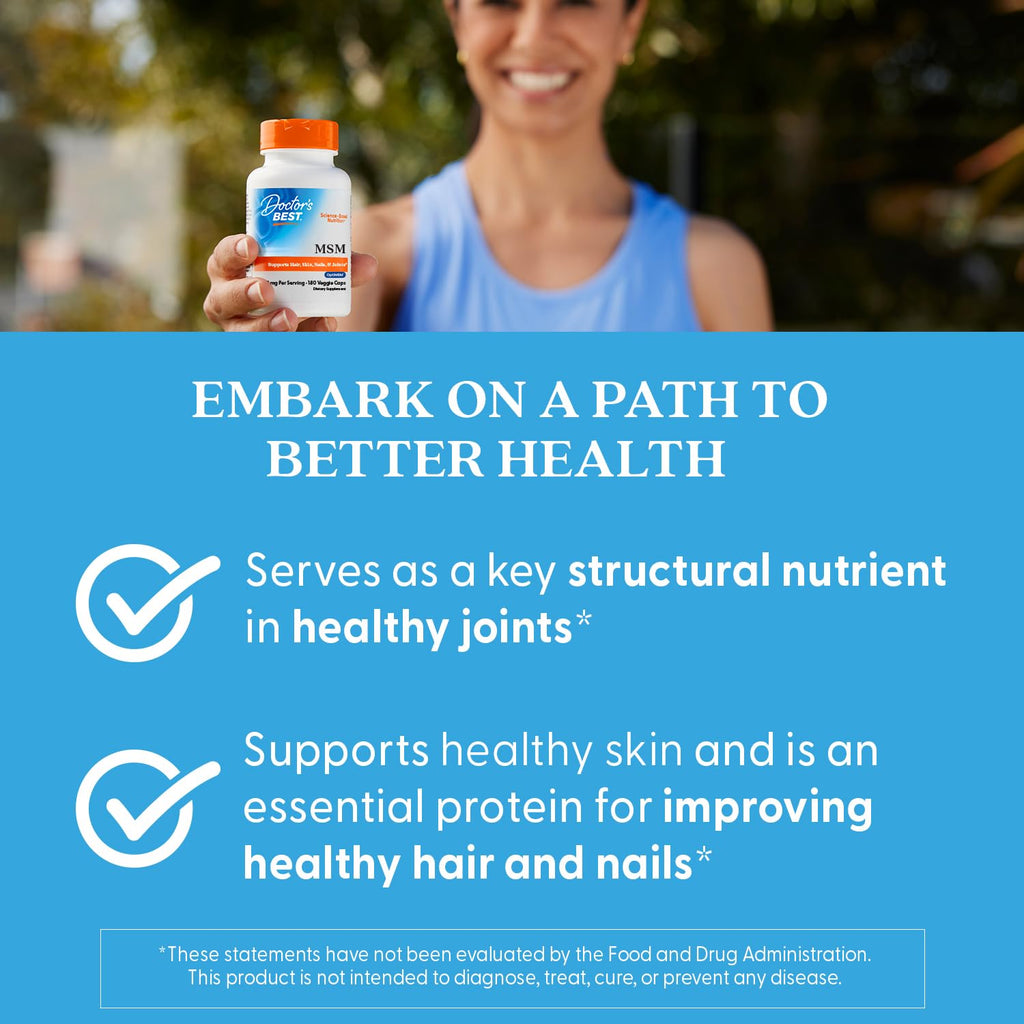 Doctor's Best MSM Supplement Capsules for Men & Women - Supports Hair, Skin, Nails, & Bone Health, Delivers Beneficial Sulfur with OptiMSM, Gluten Free, Non GMO - 180 Caps