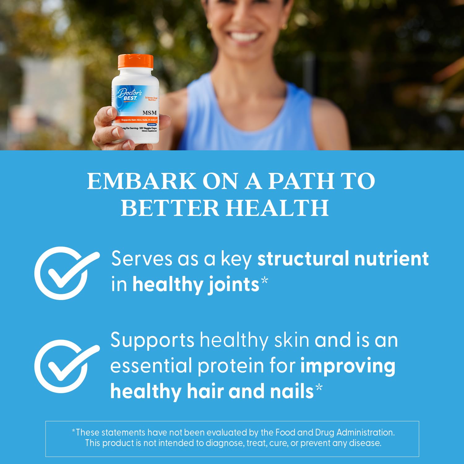 Doctor's Best MSM Supplement Capsules for Men & Women - Supports Hair, Skin, Nails, & Bone Health, Delivers Beneficial Sulfur with OptiMSM, Gluten Free, Non GMO - 180 Caps