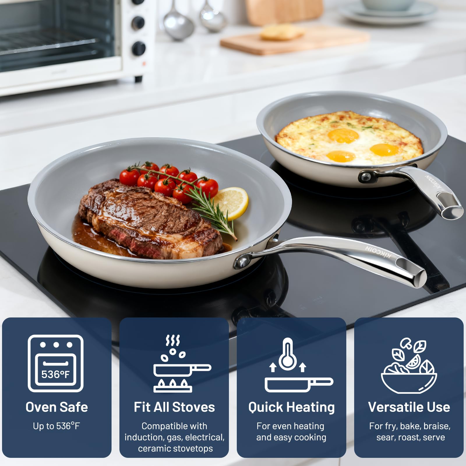 Kikcoin Ceramic Nonstick Frying Pans Set, 3 Piece Skillets (8"+9.5"+11")