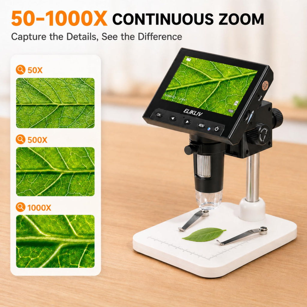 Elikliv Microscope, LCD Digital Coin Microscope 1000x, Coin Magnifier with 8 Adjustable LED Lights, PC View Compatible with Windows/MacBook, EDM4, 4.3-Inch