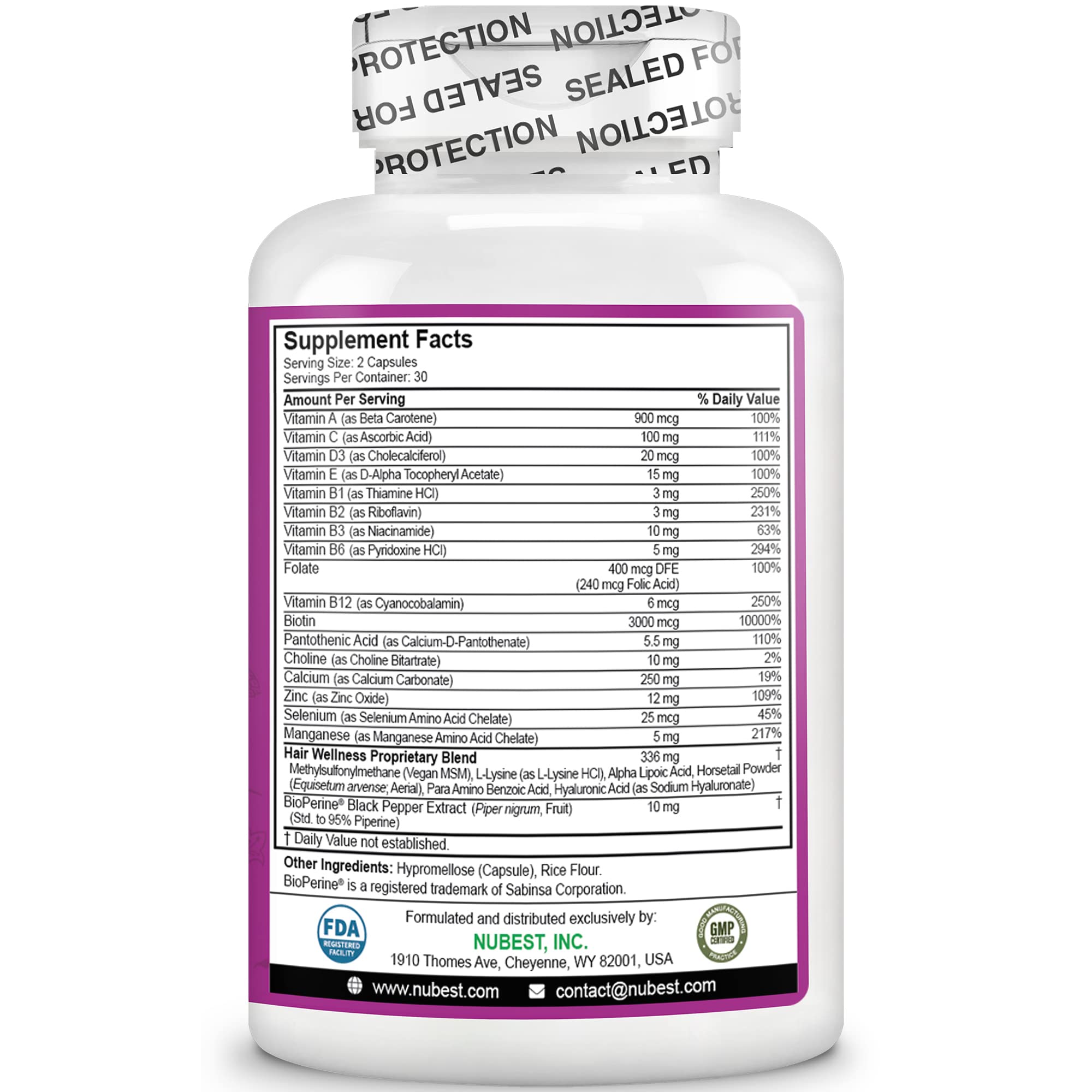 NuBest Hair Xtra Hair Growth Vitamins for Women & Men, Biotin 3000 mcg Hair Supplement with MSM, Zinc, B Vitamins, Horsetail & Hyaluronic Acid, Hair Skin and Nails Support, 60 Capsules