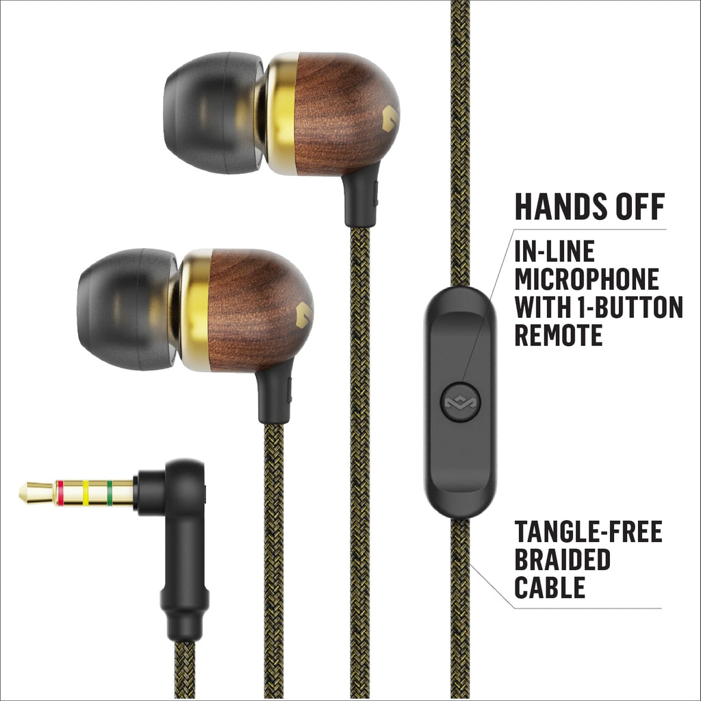 House of Marley Smile Jamaica AUX Wired Earbuds with Microphone, Noise-Isolating in-Ear Headphones, Tangle-Resistant Cable, 3.5mm Jack Sustainable (Brass)