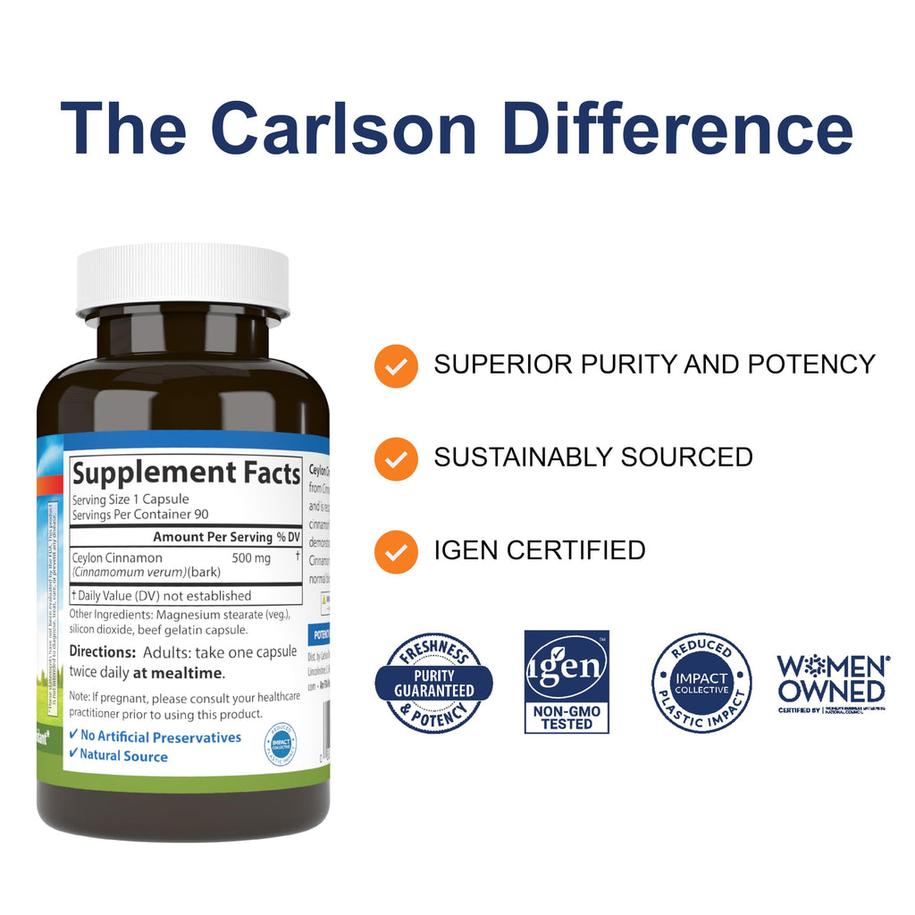 Carlson Ceylon Cinnamon, Cinnamon Supplements, 500 mg, 90 Capsules