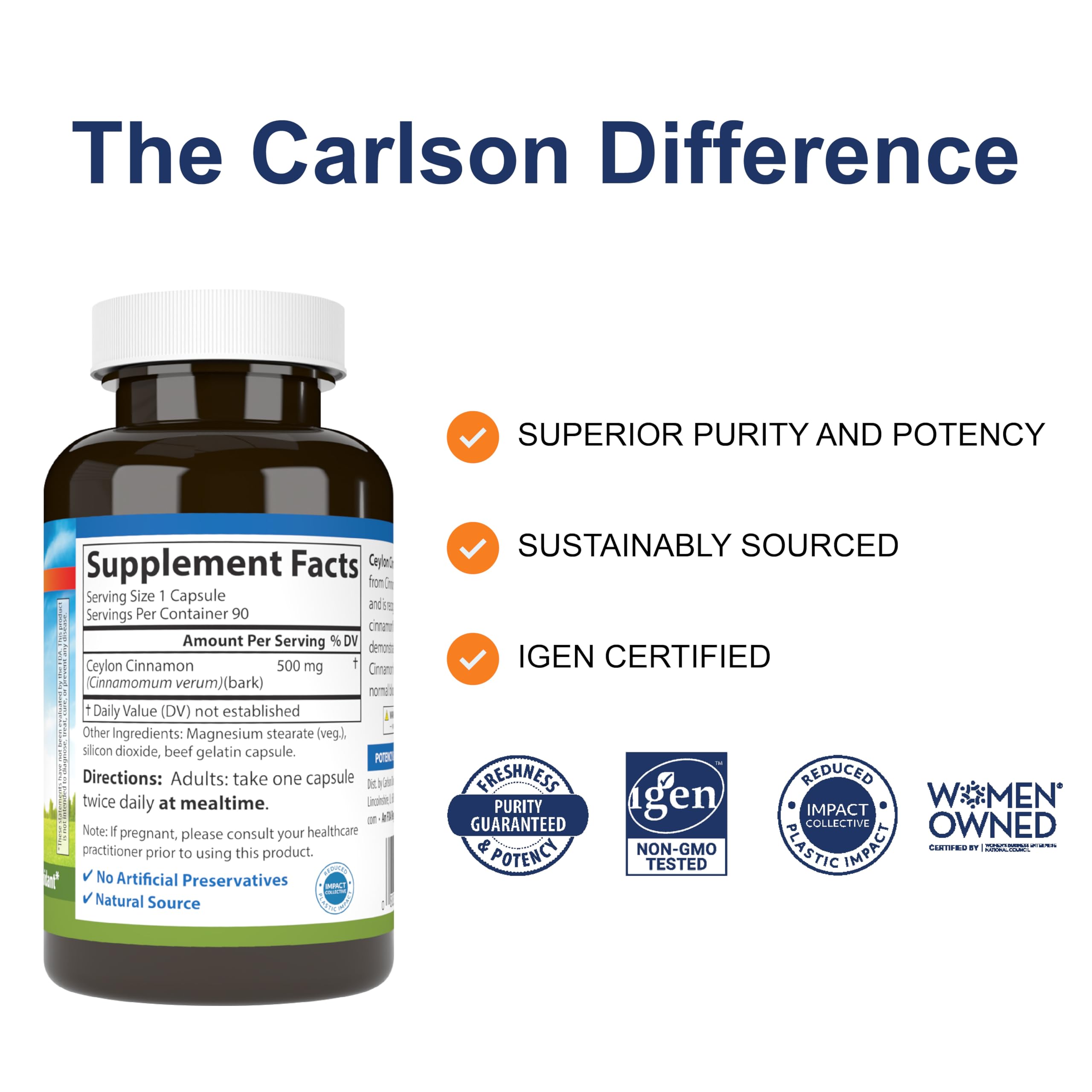 Carlson Ceylon Cinnamon, Cinnamon Supplements, 500 mg, 90 Capsules