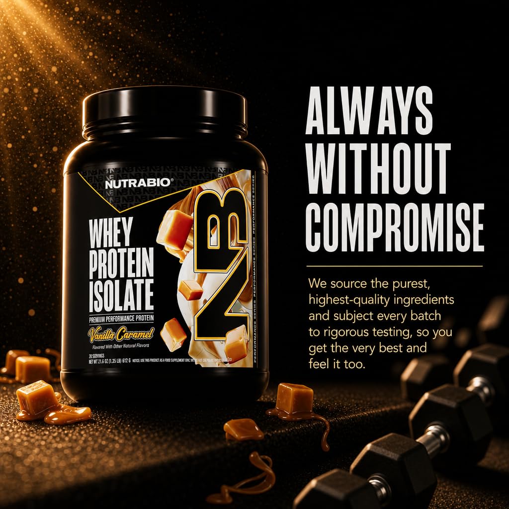 NutraBio 100% Whey Protein Isolate Protein Powder, 25g Protein with Complete Amino Acid Profile, Non-GMO, Soy & Gluten Free, Low Carb, Low Calorie Whey Protein Powder, Vanilla Caramel, 20 Servings