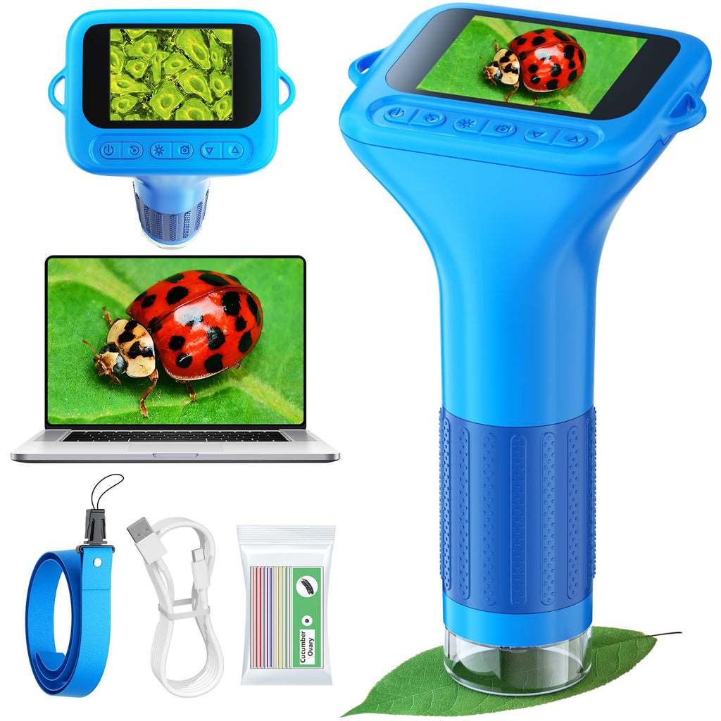 Odatay 1000X Digital Kids Microscope Kit with 12 Slides & 2" Screen, Blue