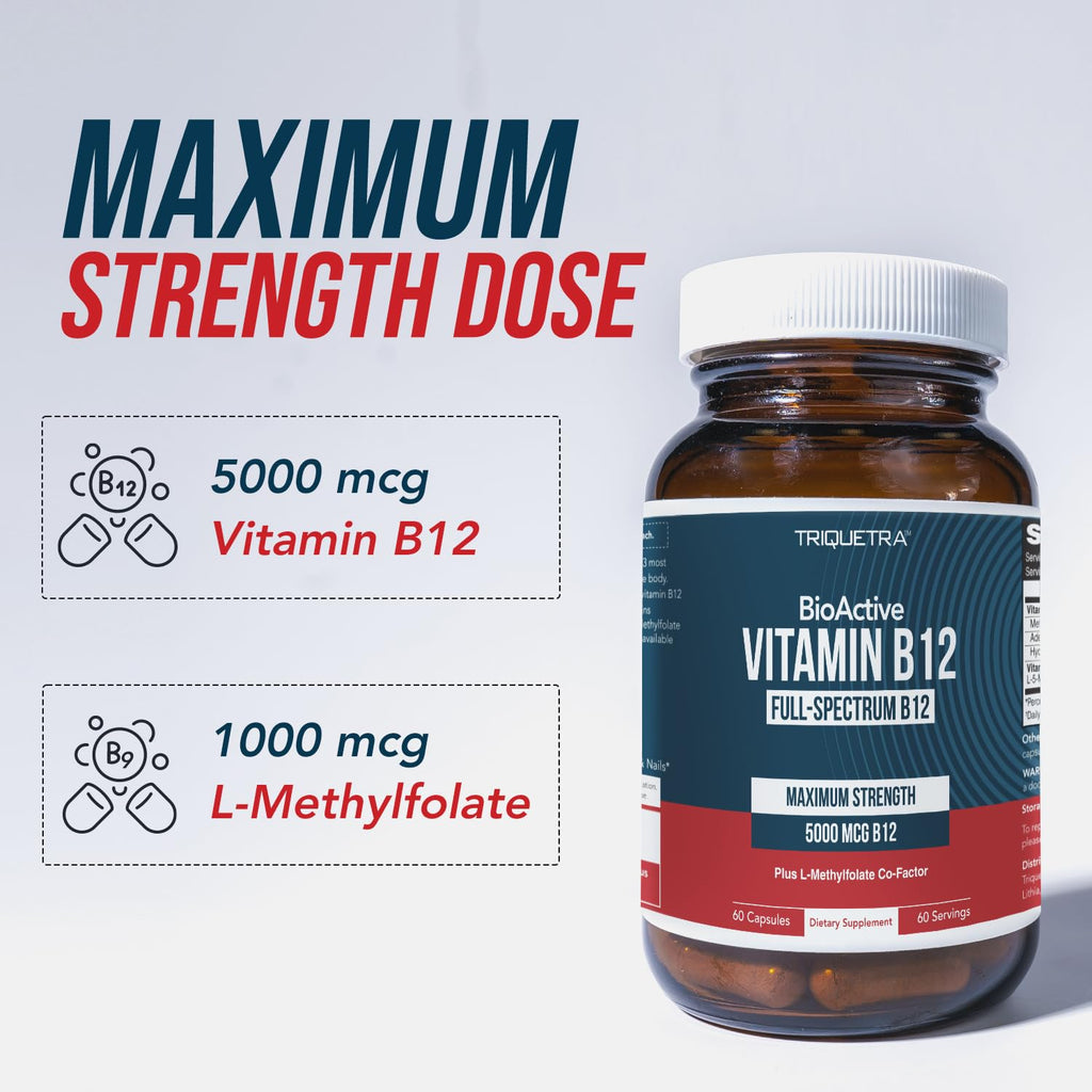 Triquetra Health Vitamin B12 5000mcg Complex, Methylated Methylcobalamin for Women & Men with Hydroxocobalamin, & Adenosylcobalamin, Supports Energy, Metabolism & Mood, Vegan, Non-GMO (60 Servings)