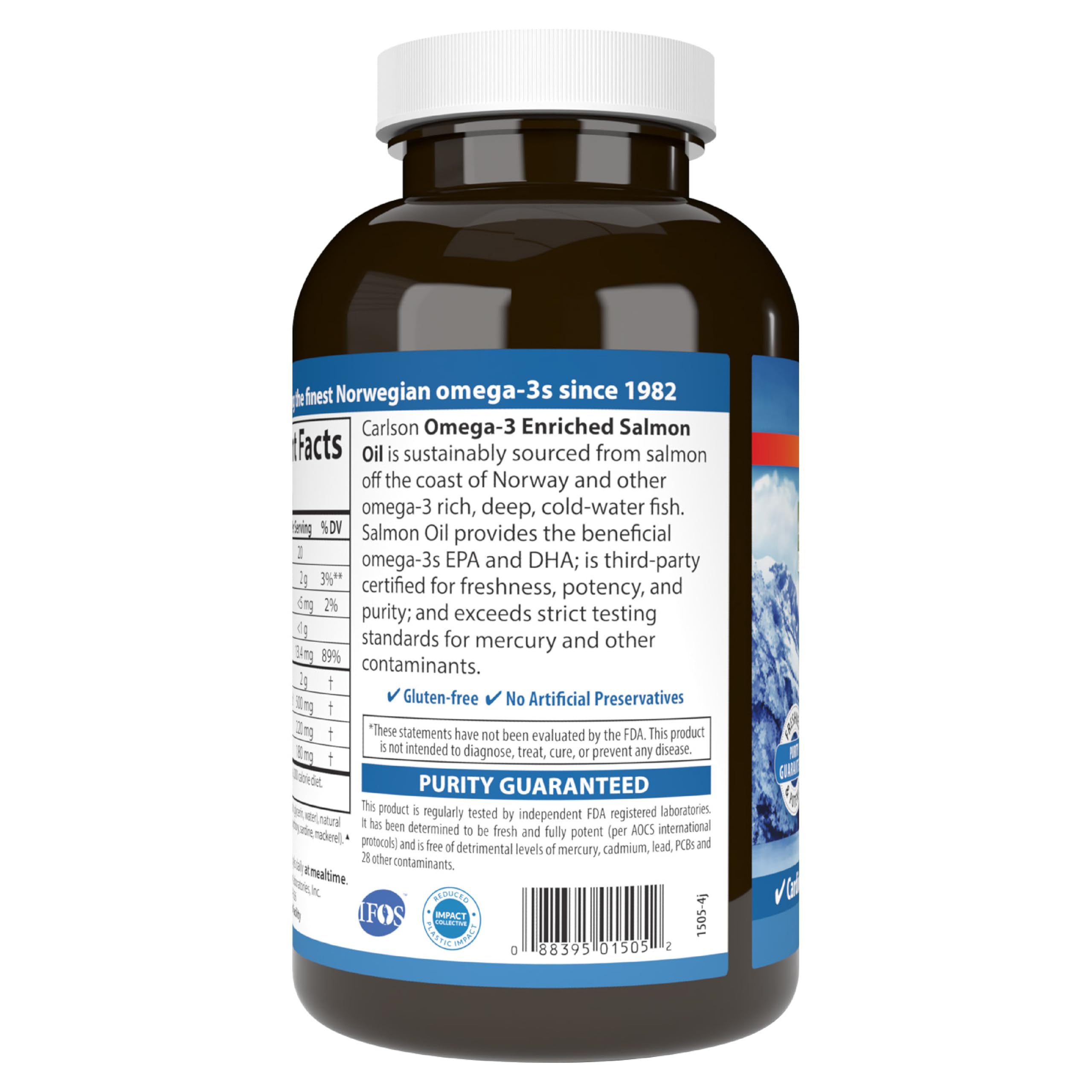 Carlson Salmon Oil, 500 mg, Omega-3s, Sustainably Sourced, 300 Softgels