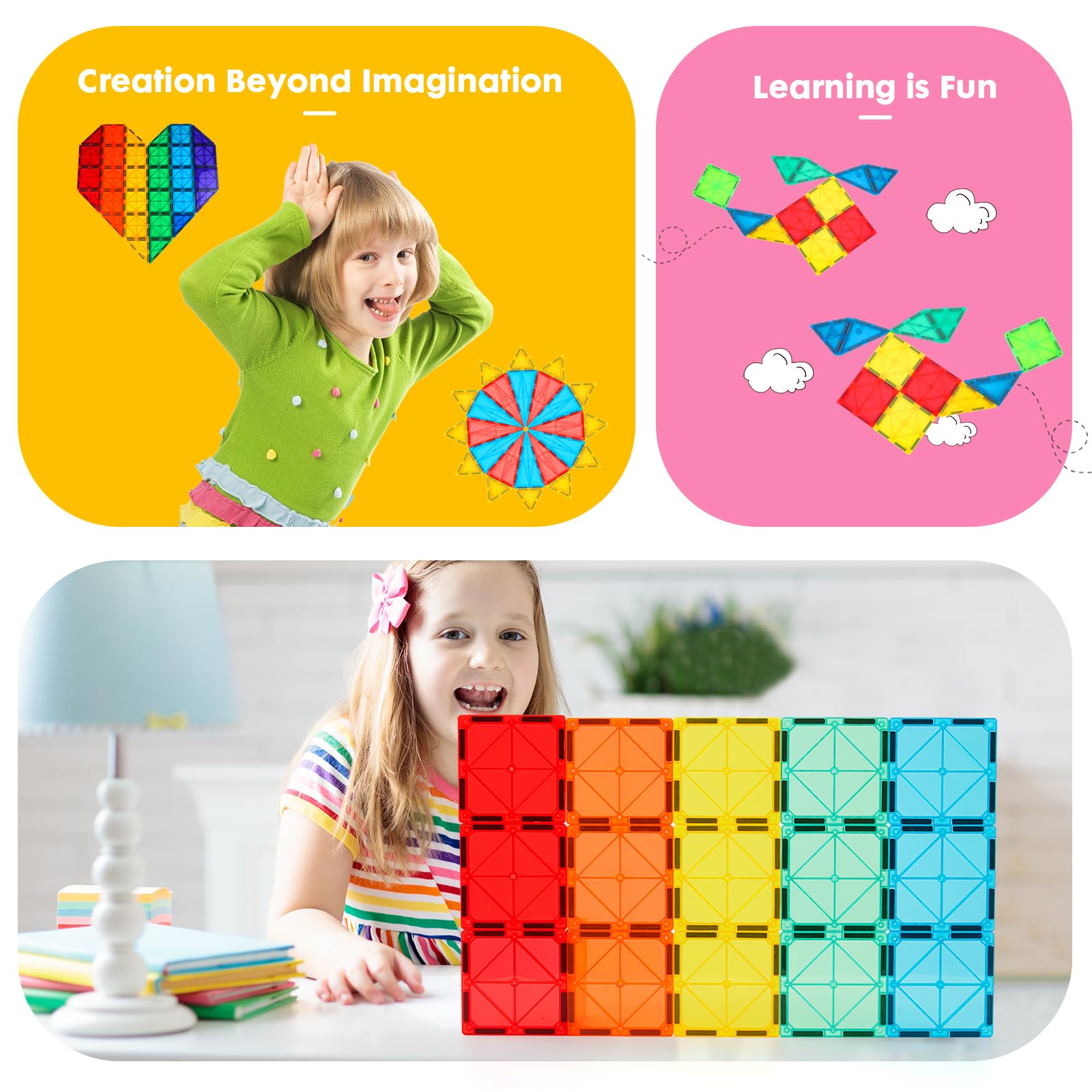 Gemmicc 100 PCS Magnetic Tiles with 2 Cars, STEM Approved Educational Magnet BuildingToys, Magnet Puzzles Stacking Blocks for Boys Girls