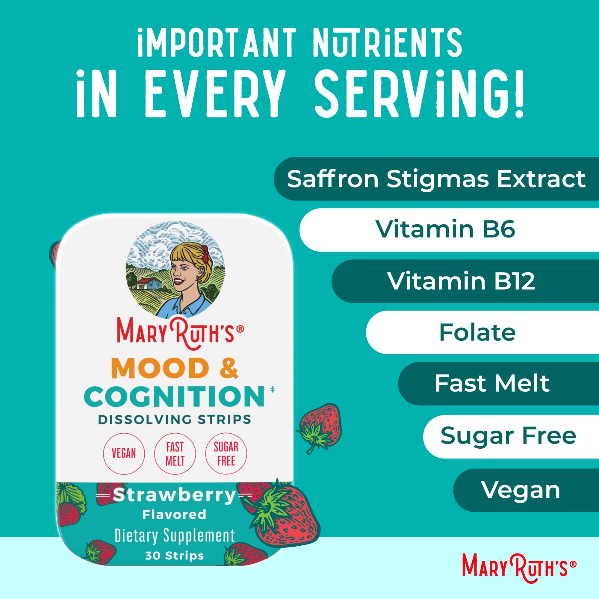 MARYRUTH'S Mood & Cognition Dissolving Strips, Vitamin B12, 30 Count