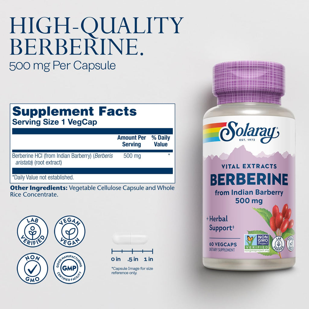 SOLARAY Berberine 500mg - Berberine Supplement for a Healthy, Active Lifestyle - with Berberine HCl from Indian Barberry - Vegan, Non-GMO, 60-Day Guarantee - 60 Servings, 60 VegCaps (60 CT)