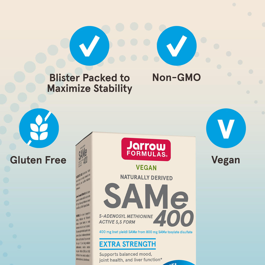 Jarrow Formulas SAMe Supplement 400 mg - 60 Tablets - High Concentration of Active S,S Form - Supports Joint Health, Liver Function, Brain Metabolism, Balanced Mood & Antioxidant Defense - 60 Servings