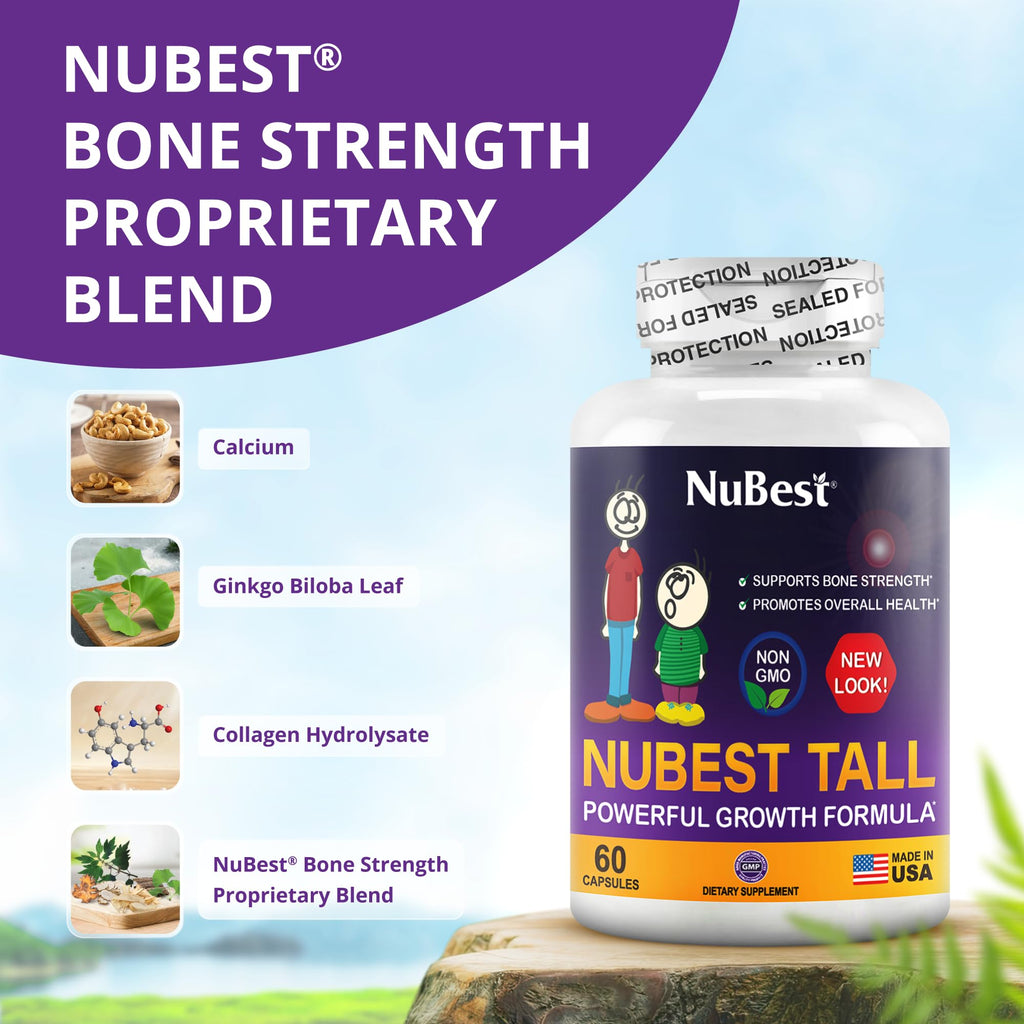 NuBest Tall | Support Bone Strength, Bone Health, Enhanced Immune and Whole Body Wellness with Calcium, Collagen, and Herbs for Ages 5+ & Teens | 60 Capsules | 1 Month Supply