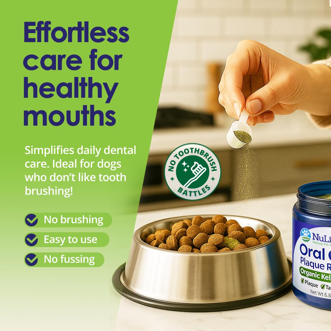 NuLife Natural Pet Health Dog Teeth Cleaning Powder, Dog Plaque and Tartar Remover, Bad Breath Treatment for Dogs with USDA Organic Sea Kelp Powder, Dog Dental Care Made Easy, for All Ages, 12 oz