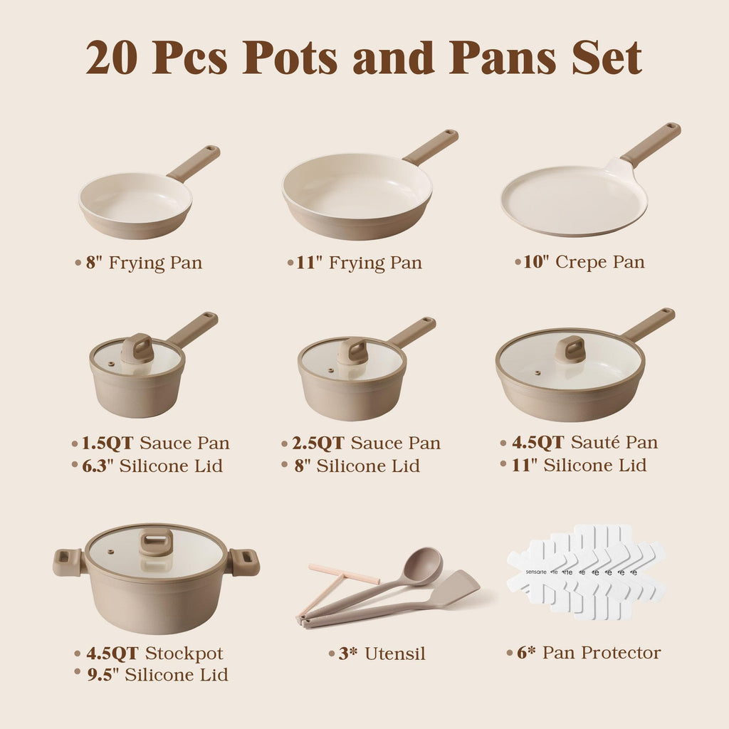 SENSARTE Ceramic Pots and Pans Set Nonstick, 20Pcs Cookware Set, Taupe
