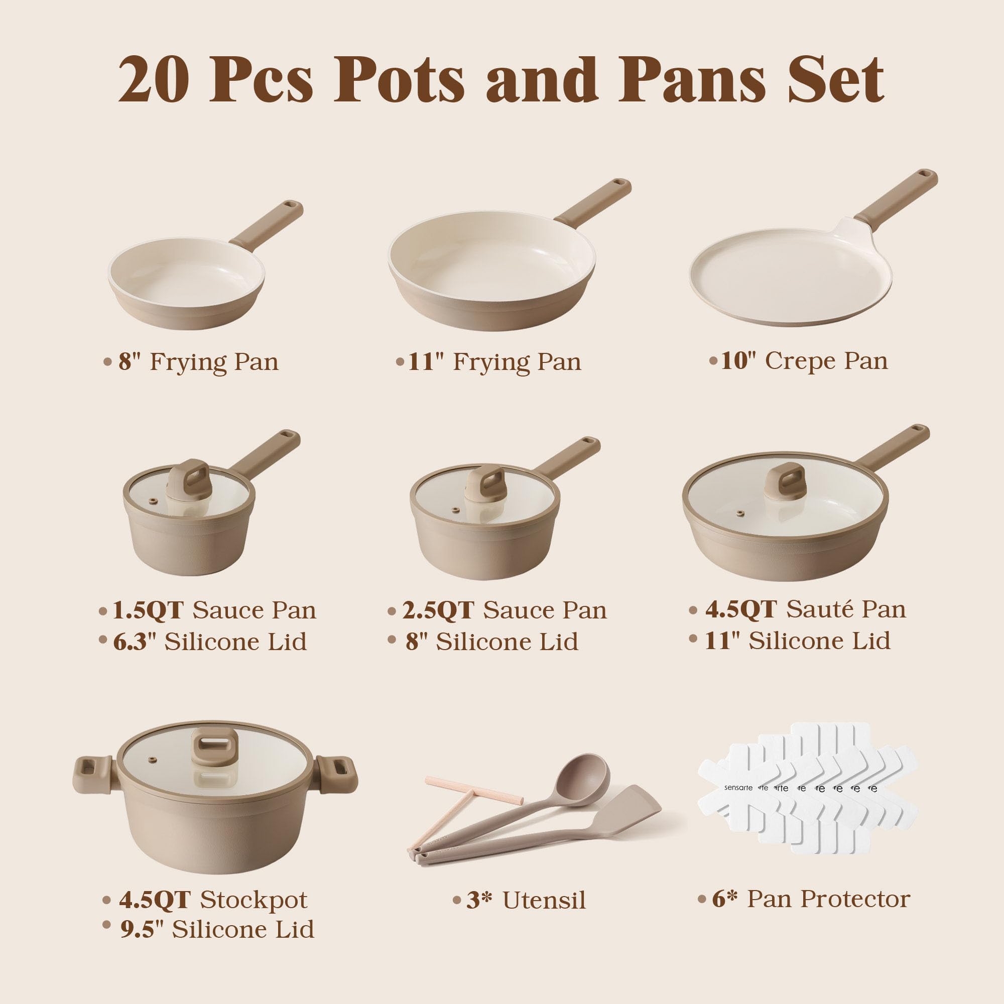 SENSARTE Ceramic Pots and Pans Set Nonstick, 20Pcs Cookware Set, Taupe