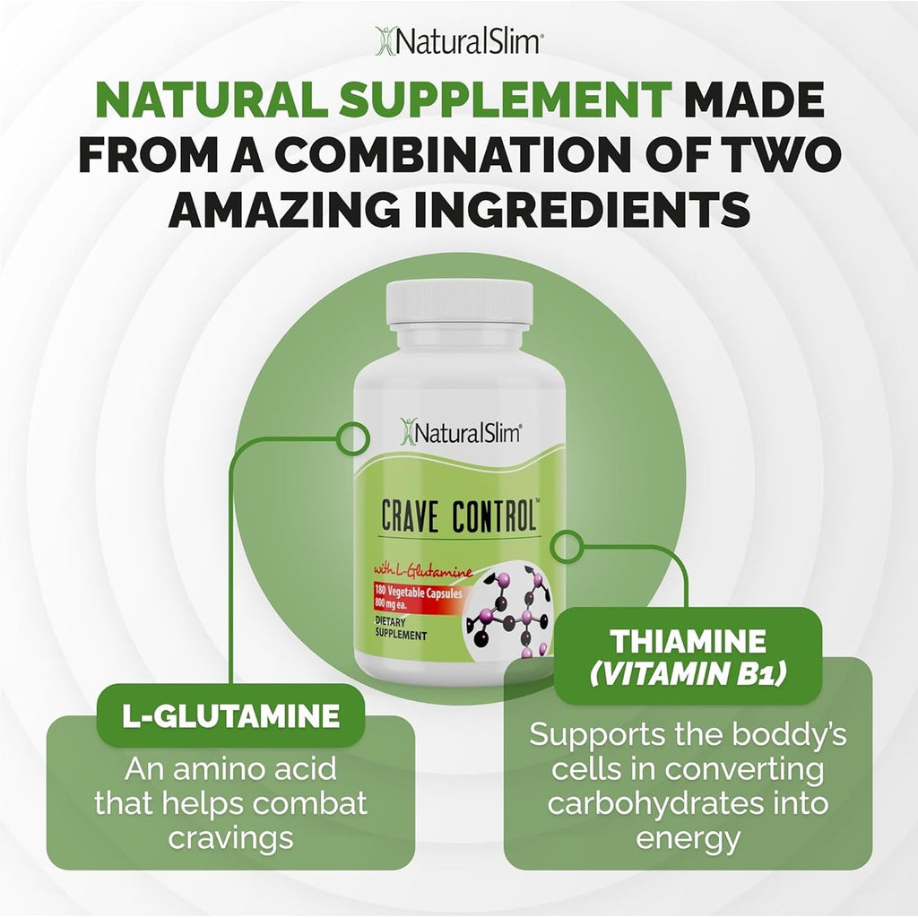 NaturalSlim Natural Appetite Suppressant - Craving Blocker Sugar & Refined Carbs Crave Control - Energy & Metabolism Booster with L Glutamine & Thiamine B1 Supplement - 180 Vegetable Capsules