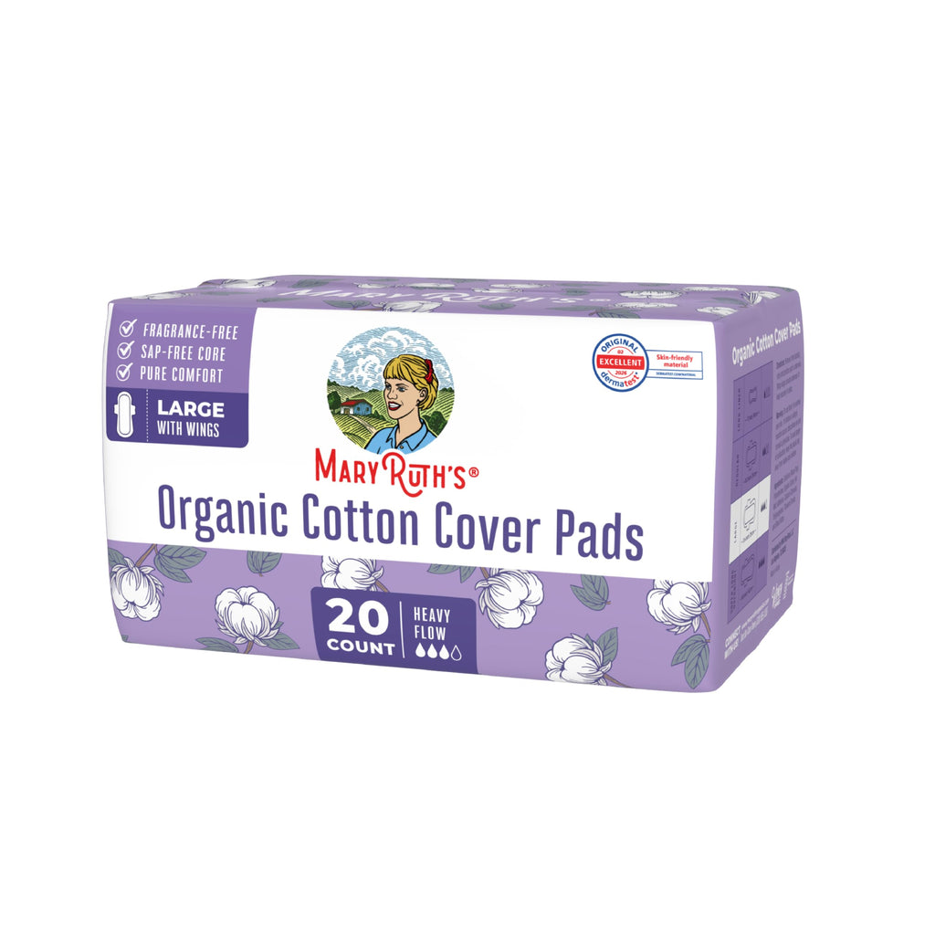 MaryRuth's Organic Cotton Cover Pads with Wings - Large - Unscented - Elemental Chlorine Free - OCS Certified Cotton - SAP-Free Core - Rated Excellent for Skin Comfort by Dermatest - 20 Count