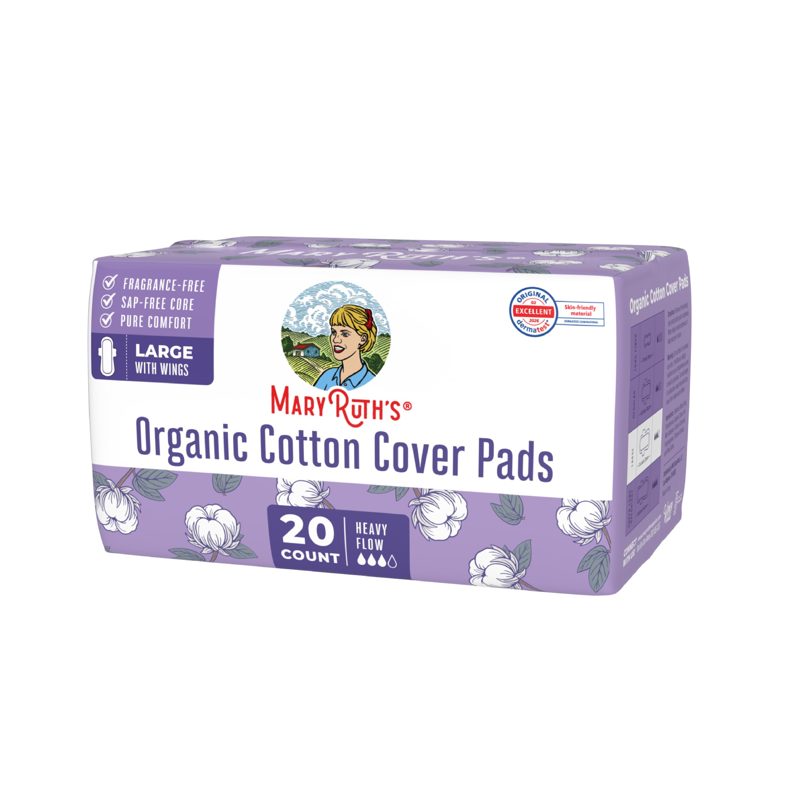MaryRuth's Organic Cotton Cover Pads with Wings - Large - Unscented - Elemental Chlorine Free - OCS Certified Cotton - SAP-Free Core - Rated Excellent for Skin Comfort by Dermatest - 20 Count