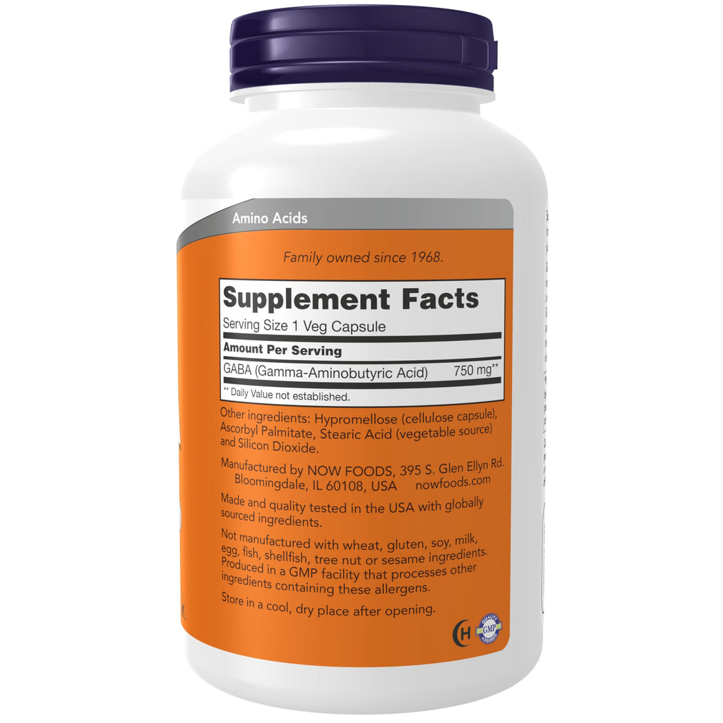 NOW Foods Supplements, GABA (Gamma-Aminobutyric Acid) 750mg, Neurotransmitter Support*, 200 Veg Capsules