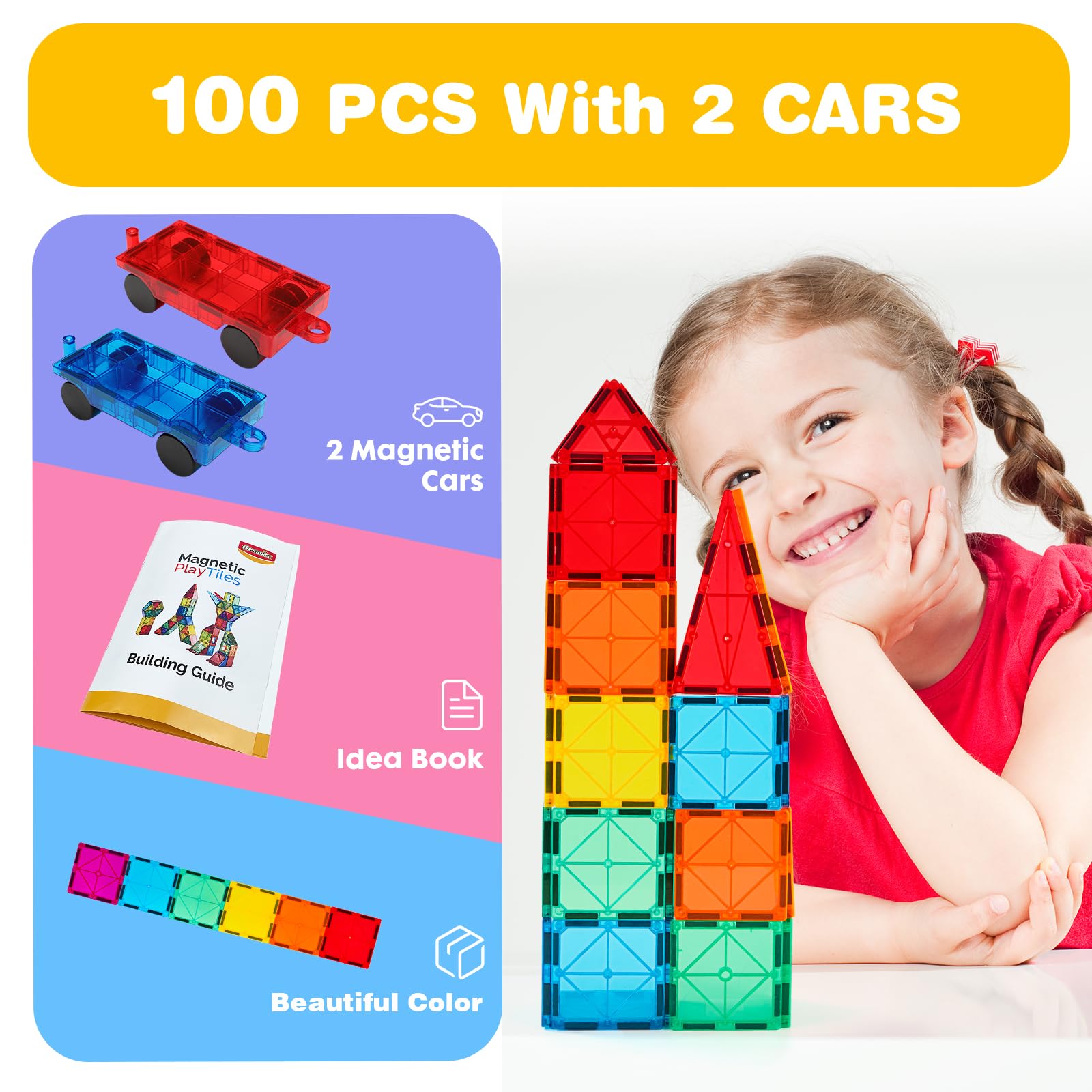Gemmicc 100 PCS Magnetic Tiles with 2 Cars, STEM Approved Educational Magnet BuildingToys, Magnet Puzzles Stacking Blocks for Boys Girls